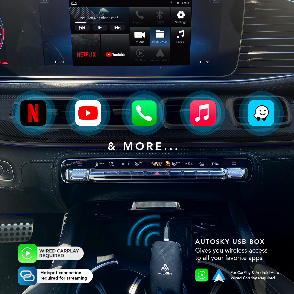 Wireless CarPlay and Android Auto AI Box – Supports Netflix, YouTube