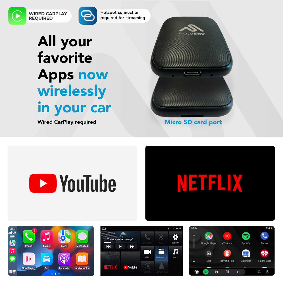 Wireless CarPlay and Android Auto AI Box – Supports Netflix, YouTube